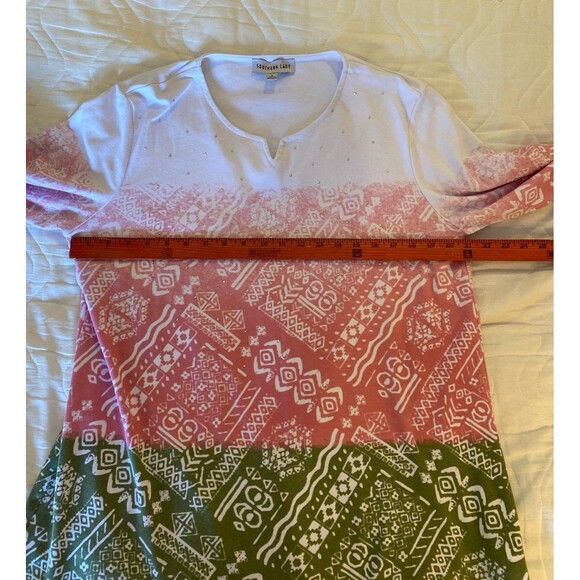 Southern Lady Blouse Sz Large Top White Pink Green Design + Stretch Casual Long - Picture 9 of 10